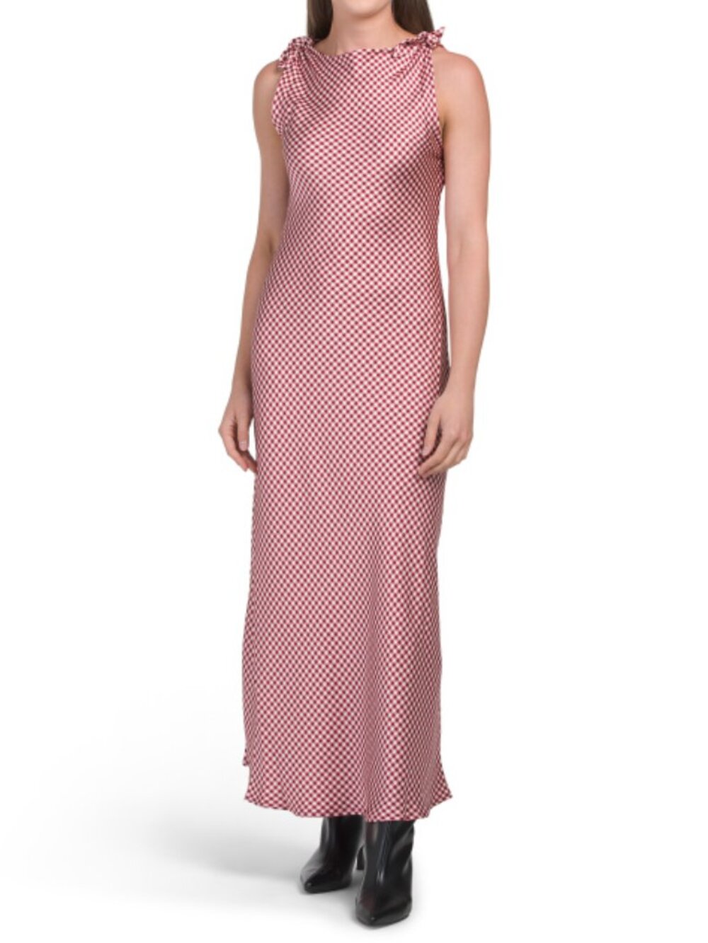 CAROLINE CONSTAS Sleevless Pull Over Midi Satin Printed Dress With Shoulder Bows